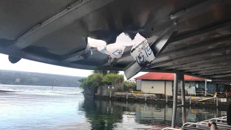 The hole in the roof of the Lava Ocean Tours boat.